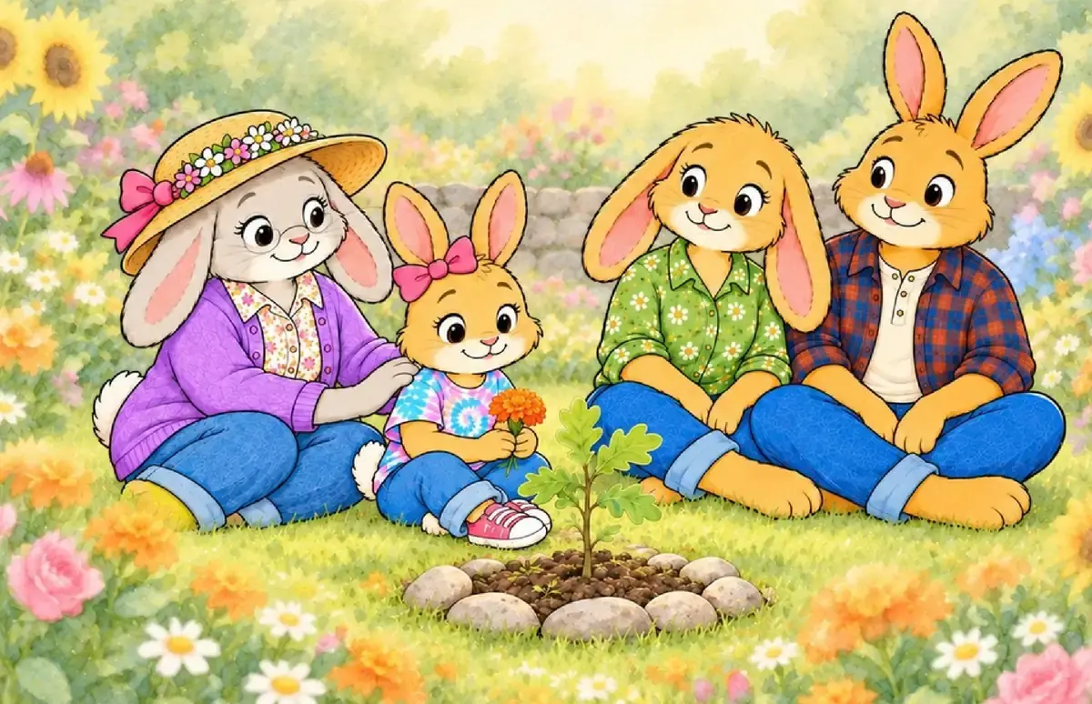 Rosie, her grandmother, mama and daddy, painted close together in a flower garden.