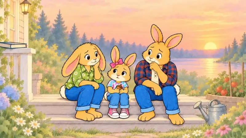 Rosie sits on the porch steps between her mama and daddy at sunset, with a lake behind them.