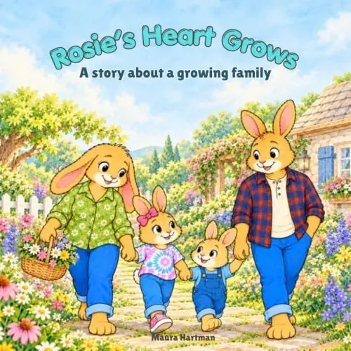 Cover of Rosie's Heart Grows. Rosie and her family walk together along a flowering garden path.