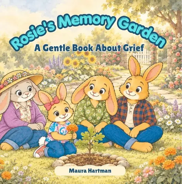 Cover of Rosie's Memory Garden. Rosie, a young rabbit, sits in a sunny garden with her parents and grandmother around a small oak sapling.