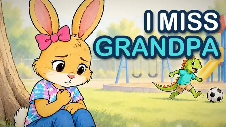 Video thumbnail: Rosie the rabbit sits under a tree with her hand on her chest, with the words I miss Grandpa.