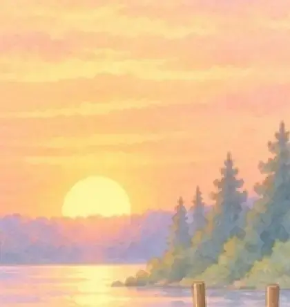 A soft sunset over a lake, painted in pink and gold.
