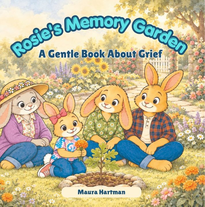 Cover of Rosie's Memory Garden. Rosie, a young rabbit, sits in a sunny garden with her parents and grandmother around a small oak sapling.