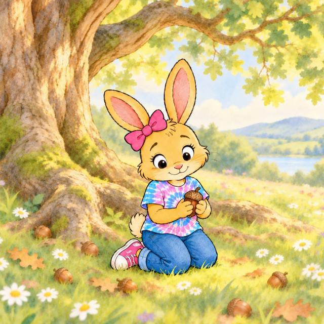 Rosie, a young rabbit, kneels in sunny grass under an oak tree, holding an acorn.